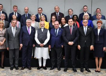 The Prime Minister,  Narendra Modi in a group photograph with the Members of European Parliament, at 7, Lok Kalyan Marg, New Delhi on October 28, 2019.