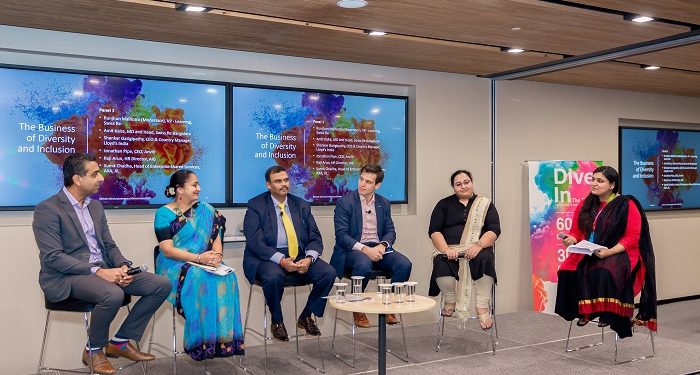 L to R - Amit Kalra, MD & Head, Swiss Re Bangalore, Sumit Chadha - Head of Enterprise Shared Services, AXA, XL, Shankar Garigapathy, CEO & Country Manager, Lloyd’s India, Jonathan Pipe, CEO & Principal Officer, Anviti Insurance Brokers, Raji Arun, HR Director, AIG, Runjhun Malhotra - L&D Consultant, Swiss Re as part of the panel discussion on 'The Business of Diversity and Inclusion'