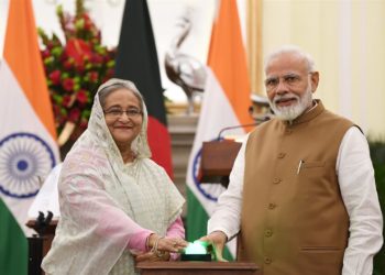 The Prime Minister, Shri Narendra Modi and the Prime Minister of Bangladesh, Ms. Sheikh Hasina, at the Joint Press Statements, at Hyderabad House, in New Delhi on October 05, 2019.