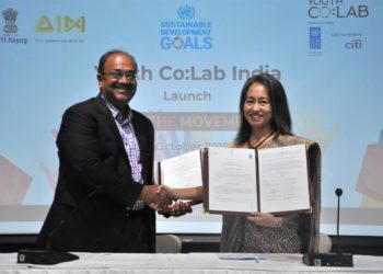 The Mission Director, Atal Innovation Mission (AIM),  R. Ramanan and the Resident Representative, UNDP India, Ms. Shoko Noda signing the Letter of Intent (LOI) between AIM, NITI Aayog and UNDP India, to jointly launch Youth Co:Lab to accelerate youth-led social entrepreneurship and innovation in India, in New Delhi on October 04, 2019.