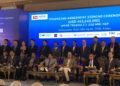 Representatives of development finance institutions, the project sponsor, and government officials after the signing of loans for the Upper Trishuli-1 Hydropower Project. Seated at the center table are Nepal Minister of Energy, Water Resources and Irrigation Mr. Barsha Man Pun (left), and Minister of Finance and ADB Governor Dr. Yuba Raj Khatiwada