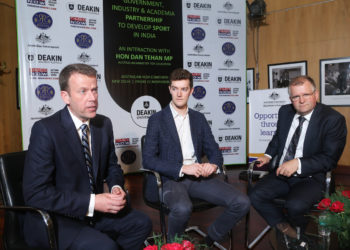 Australian Education Minister Dan Tehan MP alongside Rajasthan Royals’ COO Jake Lush McCrum and Deakin’s Vice-Chancellor Professor Iain Martin discussing the importance of government, industry and academic partnership to develop sport in India.