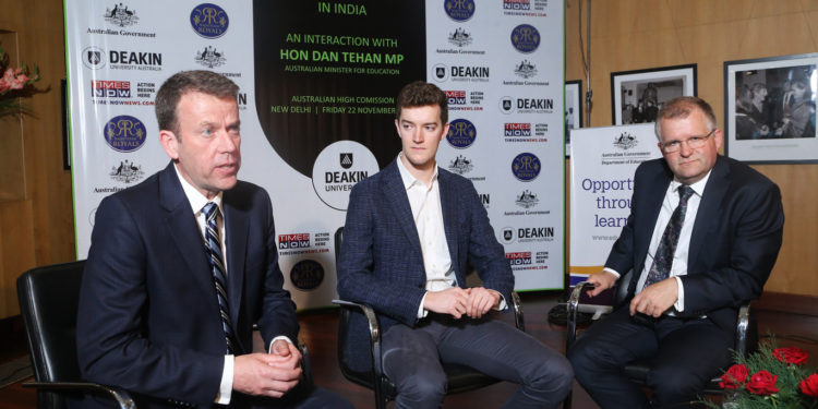 Australian Education Minister Dan Tehan MP alongside Rajasthan Royals’ COO Jake Lush McCrum and Deakin’s Vice-Chancellor Professor Iain Martin discussing the importance of government, industry and academic partnership to develop sport in India.