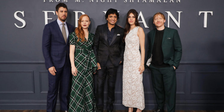 Director and executive producer M. Night Shyamalan, with the cast of “Servant” at the global premiere at BAM Howard Gilman Opera House in Brooklyn, New York. [Left to right: Toby Kebbell, Lauren Ambrose, M. Night Shyamalan, Nell Tiger Free and Rupert Grint]
