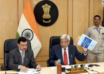 The Chief Election Commissioner, Shri Sunil Arora along with the Election Commissioner, Shri Sushil Chandra addressing a press conference to announce Jharkhand Election Schedule, in New Delhi on November 01, 2019.