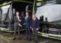 Symbolic eCitaro key handover in Reutlingen. From left: Dr. Jens Heinemann, Head of Private Customers at Daimler Buses Germany, Mark Hogenmüller, Managing Director of Reutlinger Stadtverkehrsgesellschaft mbH, and Hermann Fröhlich, Head of the South-West Sales Region at Daimler Buses.