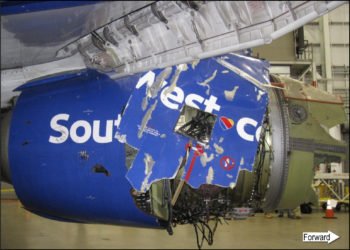 (In this NTSB photo-illustration, the damaged left fan cowl of Southwest Airlines flight 1380 is shown as viewed from the inboard side of the CFM56-7B engine. NTSB Photo-illustration)