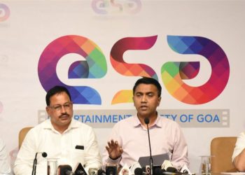 The Chief Minister of Goa, Pramod Sawant addressing the Media on the International Film Festival of India (IFFI-2019), in Panaji, Goa on November 19, 2019. The Chairperson, ESG, Subhash Phal Desai, the CEO ESG, Amit Satija and the Festival Director, Chaitanya Prasad are also seen.