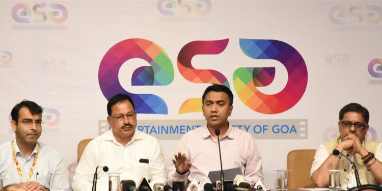 The Chief Minister of Goa, Pramod Sawant addressing the Media on the International Film Festival of India (IFFI-2019), in Panaji, Goa on November 19, 2019. The Chairperson, ESG, Subhash Phal Desai, the CEO ESG, Amit Satija and the Festival Director, Chaitanya Prasad are also seen.