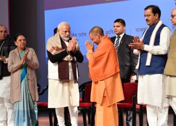 The Prime Minister, Shri Narendra Modi at the foundation stone laying ceremony of Atal Bihari Vajpayee Medical University, in Lucknow, Uttar Pradesh on December 25, 2019. The Governor of Uttar Pradesh, Smt. Anandiben Patel, the Union Minister for Defence, Shri Rajnath Singh, the Chief Minister of Uttar Pradesh, Yogi Adityanath and other dignitaries are also seen.