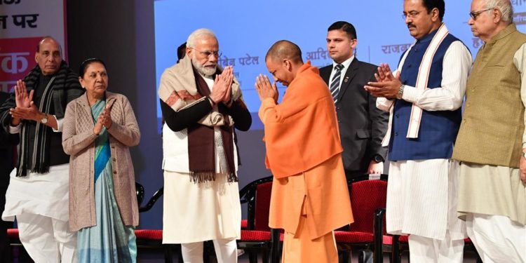 The Prime Minister, Shri Narendra Modi at the foundation stone laying ceremony of Atal Bihari Vajpayee Medical University, in Lucknow, Uttar Pradesh on December 25, 2019. The Governor of Uttar Pradesh, Smt. Anandiben Patel, the Union Minister for Defence, Shri Rajnath Singh, the Chief Minister of Uttar Pradesh, Yogi Adityanath and other dignitaries are also seen.