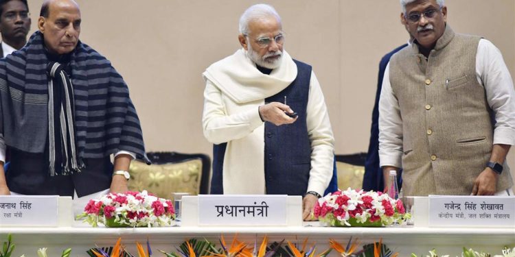 The Prime Minister, Shri Narendra Modi launching the Atal Bhujal Yojana (ATAL JAL) and names Rohtang Tunnel after Atal Bihari Vajpayee, on his birth anniversary, in New Delhi on December 25, 2019. The Union Minister for Defence, Shri Rajnath Singh and the Union Minister for Jal Shakti, Shri Gajendra Singh Shekhawat are also seen.