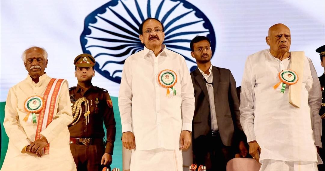 The Vice President,  M. Venkaiah Naidu at the inauguration of the Birth Centenary Celebrations of Dr. Marri Channa Reddy, in Hyderabad on December 29, 2019. The Governor of Himachal Pradesh, Shri Bandaru Dattatreya is also seen.