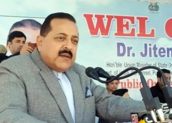 The Minister of State for Development of North Eastern Region (I/C), Prime Minister’s Office, Personnel, Public Grievances & Pensions, Atomic Energy and Space, Dr. Jitendra Singh addressing during the second day of the special public outreach programme for J&K, at Udhampur, Jammu and Kashmir on January 19, 2020.