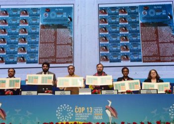 The Union Minister for Environment, Forest & Climate Change, Information & Broadcasting and Heavy Industries and Public Enterprise, Prakash Javadekar and the Chief Minister of Gujarat, Vijay Rupani releasing the postal stamp at the inaugural session of the 13th Conference of the Parties to the Convention on Migratory Species “CMS COP13”, in Gandhinagar, Gujarat on February 17, 2020. The Minister of State for Environment, Forest and Climate Change, Babul Supriyo and other dignitaries are also seen.