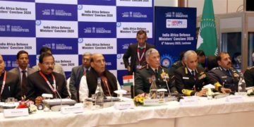 The Union Minister for Defence, Rajnath Singh chairing the first India-Africa Defence Ministers’ Conclave 2020, on the sidelines of the DefExpo2020, in Lucknow on February 06, 2020. The Minister of State for AYUSH (Independent Charge) and Defence, Shripad Yesso Naik, the Chief of Defence Staff (CDS), General Bipin Rawat, the Chief of Naval Staff, Admiral Karambir Singh, the Chief of the Air Staff, Air Chief Marshal R.K.S. Bhadauria, the Chief of the Army Staff, General Manoj Mukund Naravane and Defence Secretary Dr. Ajay Kumar are also seen.