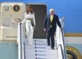 The President of United States of America (USA), Mr. Donald Trump and First Lady Mrs. Melania Trump arrive at Sardar Vallabhbhai Patel International Airport, in Ahmedabad, Gujarat on February 24, 2020.