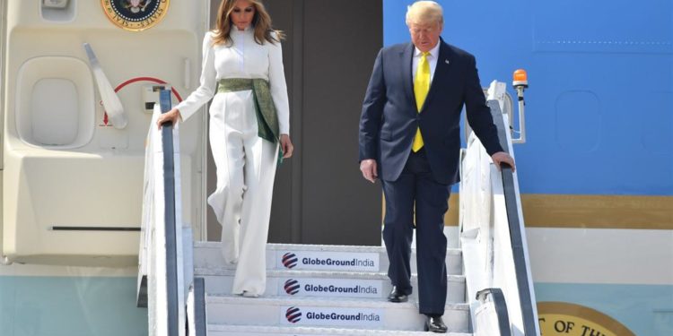 The President of United States of America (USA), Mr. Donald Trump and First Lady Mrs. Melania Trump arrive at Sardar Vallabhbhai Patel International Airport, in Ahmedabad, Gujarat on February 24, 2020.