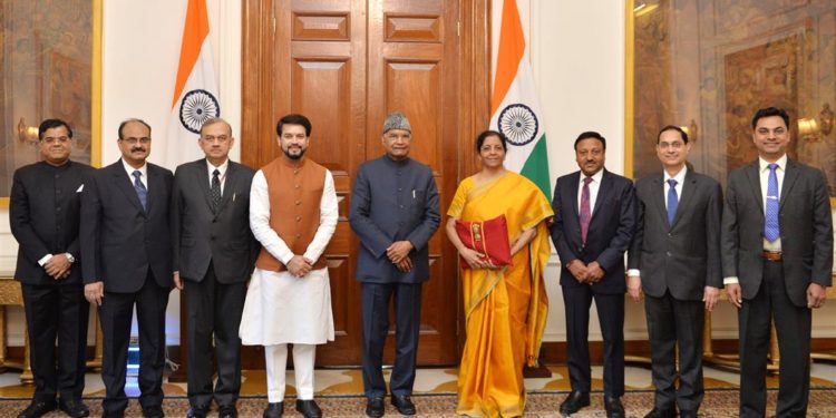 The Union Minister for Finance and Corporate Affairs, Smt. Nirmala Sitharaman, the Minister of State for Finance and Corporate Affairs, Shri Anurag Singh Thakur along with the senior officials presented the General Budget to the President, Shri Ram Nath Kovind, at Rashtrapati Bhavan, in New Delhi on February 01, 2020.