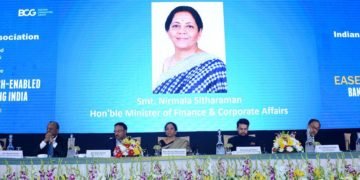 The Union Minister for Finance and Corporate Affairs, Smt. Nirmala Sitharaman at the Indian Banks’ Association function on EASE 3.0: Smart, Tech-Enabled Banking for Aspiring India, in New Delhi on February 26, 2020. The Minister of State for Finance and Corporate Affairs, Anurag Singh Thakur and other dignitaries are also seen.