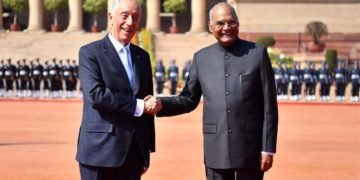 The President, Shri Ram Nath Kovind with the President of Portuguese Republic, Mr. Marcelo Rebelo De Sousa, at the Ceremonial Reception, at Rashtrapati Bhavan, in New Delhi on February 14, 2020.
