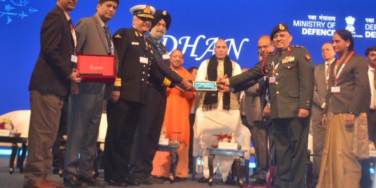 Mr Gowtama M V, CMD, BEL, join top Defence brass to display the System On Chip (SOC) based Tablet PC which was launched in the august presence of Shri Rajnath Singh, Hon'ble Raksha Mantri, Shri Yogi Adityanath, Hon'ble Chief Minister of Uttar Pradesh, and other dignitaries today at DeFexpo 2020, Lucknow. The Tablet PC will be used in projects of strategic importance.