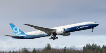 Boeing 777X WH001 makes its first flight at Paine Field in Everett, Washington on January 25, 2020.