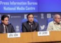 The Joint Secretary Ministry of Health & Family Welfare, Lav Agarwal addressing a press conference on ‘COVID-19: Preparedness and Actions taken’, in New Delhi on March 12, 2020. The Additional Secretary, Ministry of Home Affairs, Anil Malik and the Principal Director General (M&C), Press Information Bureau, K.S. Dhatwalia are also seen.