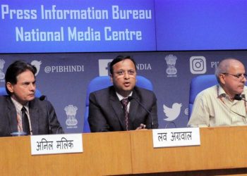 The Joint Secretary Ministry of Health & Family Welfare, Lav Agarwal addressing a press conference on ‘COVID-19: Preparedness and Actions taken’, in New Delhi on March 12, 2020. The Additional Secretary, Ministry of Home Affairs, Anil Malik and the Principal Director General (M&C), Press Information Bureau, K.S. Dhatwalia are also seen.