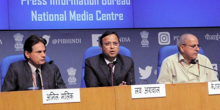 The Joint Secretary Ministry of Health & Family Welfare, Lav Agarwal addressing a press conference on ‘COVID-19: Preparedness and Actions taken’, in New Delhi on March 12, 2020. The Additional Secretary, Ministry of Home Affairs, Anil Malik and the Principal Director General (M&C), Press Information Bureau, K.S. Dhatwalia are also seen.