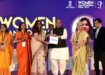 The Union Minister for Defence, Rajnath Singh presenting the Women Transforming India Awards 2019, at a function, organised by NITI Aayog, in New Delhi on March 08, 2020. The CEO, NITI Aayog, Shri Amitabh Kant and other dignitaries are also seen.