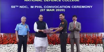 The Union Minister for Defence, Rajnath Singh at the convocation ceremony of 58th National Defence College (NDC), in New Delhi on March 07, 2020. The Commandant of NDC, Air Marshal D. Choudhury is also seen.