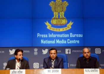 The Joint Secretary Ministry of Health & Family Welfare, Lav Agarwal addressing a press conference on ‘COVID-19: Preparedness and Actions taken’, in New Delhi on March 16, 2020. The Additional Secretary, Ministry of Home Affairs, Anil Malik and the Principal Director General (M&C), Press Information Bureau, K.S. Dhatwalia are also seen.
