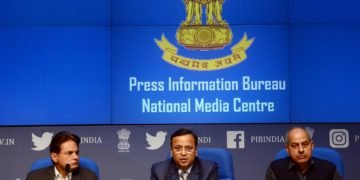 The Joint Secretary Ministry of Health & Family Welfare, Lav Agarwal addressing a press conference on ‘COVID-19: Preparedness and Actions taken’, in New Delhi on March 16, 2020. The Additional Secretary, Ministry of Home Affairs, Anil Malik and the Principal Director General (M&C), Press Information Bureau, K.S. Dhatwalia are also seen.