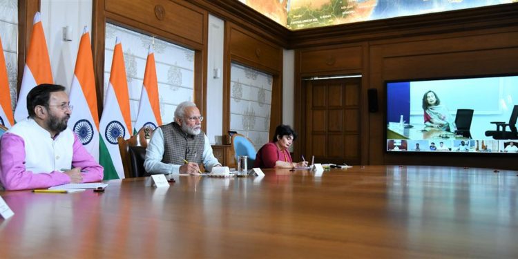 The Prime Minister, Shri Narendra Modi interacting with the Print Media Journalists on tackling the challenge of COVID-19 through video conference, in New Delhi on March 24, 2020.