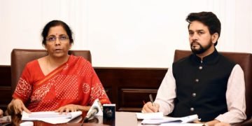 The Union Minister for Finance and Corporate Affairs, Smt. Nirmala Sitharaman announcing the several relief measures across multiple sectors in view of COVID-19 outbreak, during a press conference through video conference, in New Delhi on March 24, 2020. The Minister of State for Finance and Corporate Affairs,  Anurag Singh Thakur is also seen.