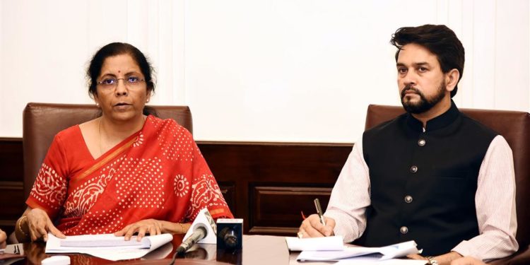 The Union Minister for Finance and Corporate Affairs, Smt. Nirmala Sitharaman announcing the several relief measures across multiple sectors in view of COVID-19 outbreak, during a press conference through video conference, in New Delhi on March 24, 2020. The Minister of State for Finance and Corporate Affairs,  Anurag Singh Thakur is also seen.