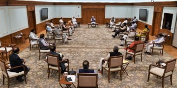 The Prime Minister,  Narendra Modi chairing the Cabinet meeting observing social distancing, in New Delhi on March 25, 2020.
