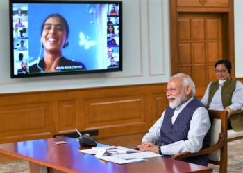 The Prime Minister, Narendra Modi interacting with the eminent sportspersons about COVID-19 via video conference, in New Delhi on April 03, 2020.