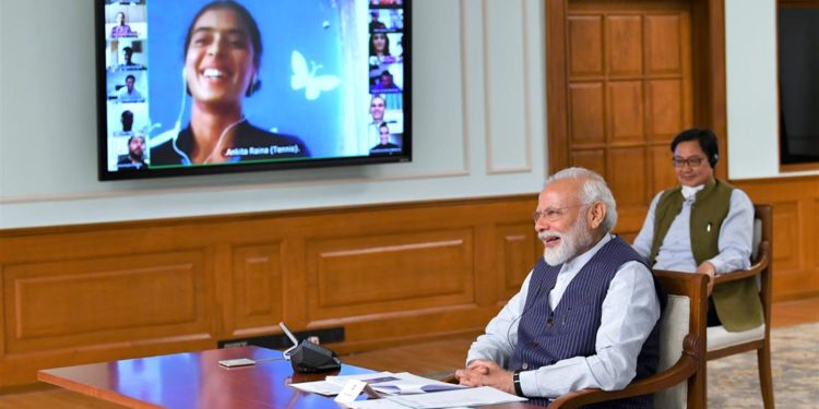 The Prime Minister, Narendra Modi interacting with the eminent sportspersons about COVID-19 via video conference, in New Delhi on April 03, 2020.