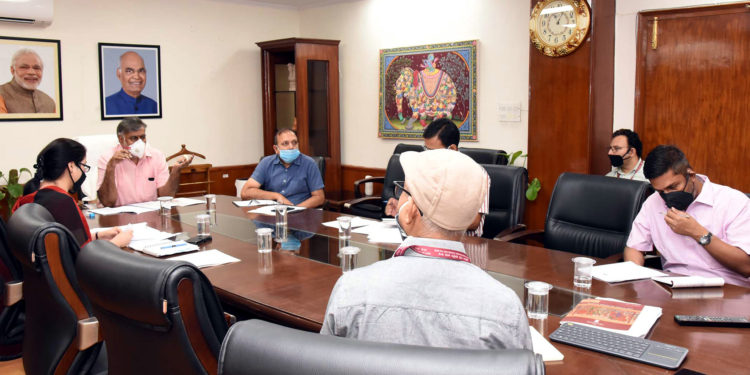 The Minister of State for Culture and Tourism (Independent Charge), Shri Prahlad Singh Patel presiding over a review meeting of the National Mission for Manuscripts, in New Delhi on May 26, 2020.
The Secretary, Culture, Shri Anand Kumar and other senior officials of the Ministry are also seen.