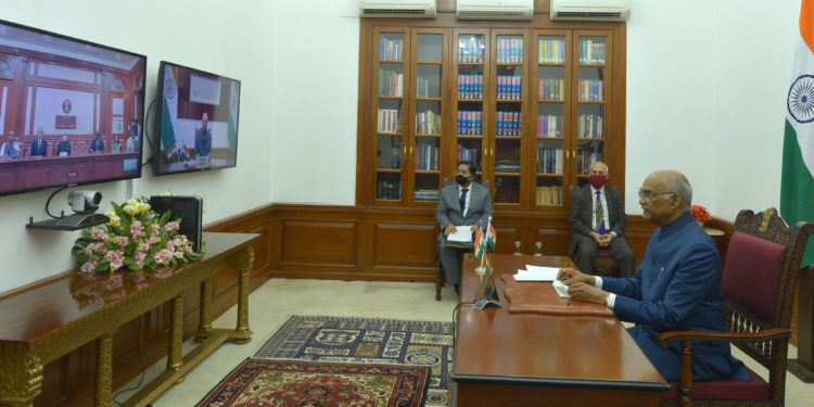 The Ambassadors and High Commissioners of Democratic Peoples Republic of Korea, Senegal, Trinidad & Tobago, Mauritius, Australia, Cote dIvoire and Rwanda present credentials to the President, Shri Ram Nath Kovind through video conference, at Rashtrapati Bhavan, in New Delhi on May 21, 2020.