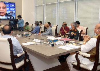 The Union Minister for Defence, Rajnath Singh addressing the MSMEs E-conclave themed, Business Continuity for MSMEs in Defence & Aerospace Sector via video conference, in New Delhi on May 21, 2020.