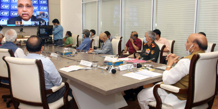 The Union Minister for Defence, Rajnath Singh addressing the MSMEs E-conclave themed, Business Continuity for MSMEs in Defence & Aerospace Sector via video conference, in New Delhi on May 21, 2020.