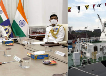 The Union Minister for Defence, Shri Rajnath Singh commissioning Indian Coast Guard Ship ICGS Sachet and two other interceptor boats C-450 and C-451 in Goa via video conference, in New Delhi on May 15, 2020.