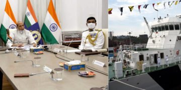 The Union Minister for Defence, Shri Rajnath Singh commissioning Indian Coast Guard Ship ICGS Sachet and two other interceptor boats C-450 and C-451 in Goa via video conference, in New Delhi on May 15, 2020.