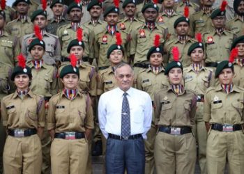 Lt. General Ashwani Kumar, former Adjunct General, Indian Army along with NCC Cadets of Chandigarh University during his visit to campus