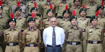 Lt. General Ashwani Kumar, former Adjunct General, Indian Army along with NCC Cadets of Chandigarh University during his visit to campus