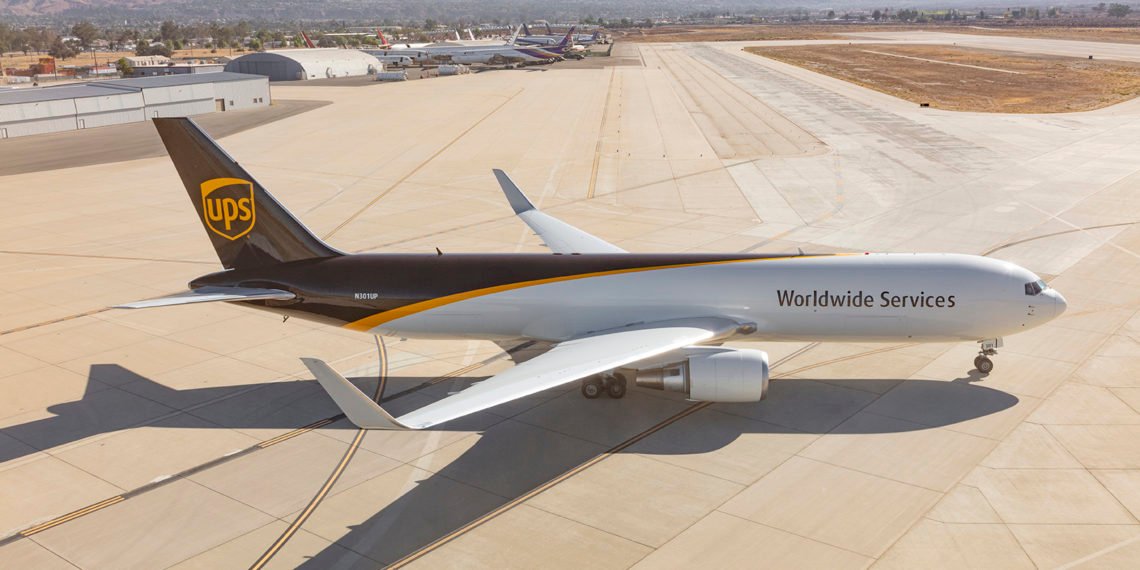 United Parcel Services Boeing jet freighter, photographed over Southern California on September 16, 2018.