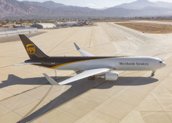 United Parcel Services Boeing jet freighter, photographed over Southern California on September 16, 2018.